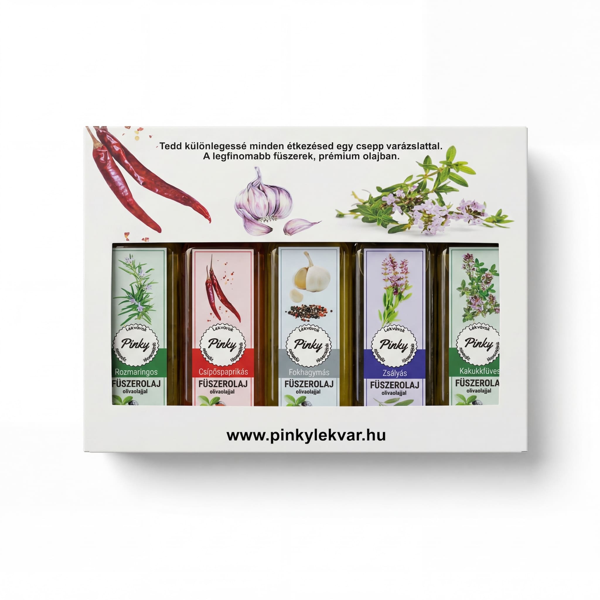 Pinky kézmuves fűszerolaj válogatás 5x100 ml díszdobozban – gasztroajándék